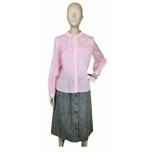 Vintage 60s 70s Pleated Pink Eyelet Yoke Prairie Cottagecore Boho Western Blouse - Picture 7 of 9